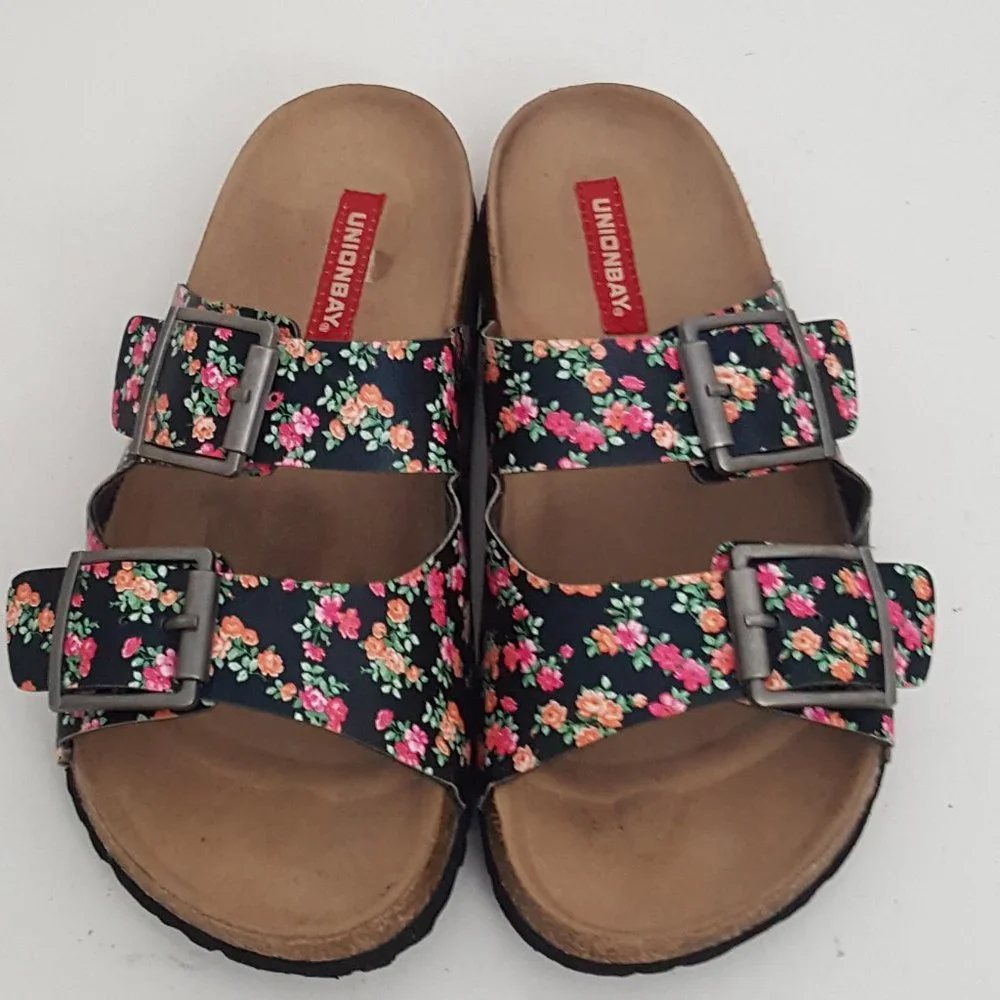 Union Bay Melissa Women's 6M Floral Open Toe Double Strap Slide Cork Sandals